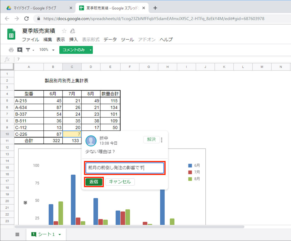 【スプレッドシート】共有メンバーで内容ついての意見交換がしたい！