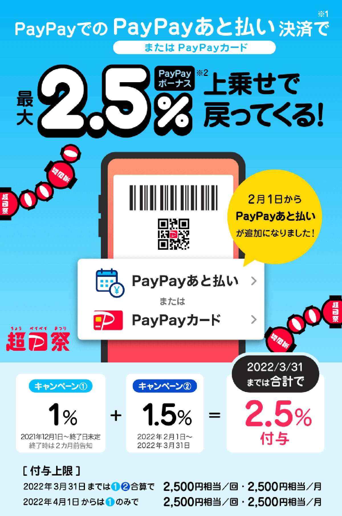 【超PayPay祭】PayPayでのPayPayあと払い、PayPayカード決済で2.5％上乗せで戻ってくる！キャンペーン