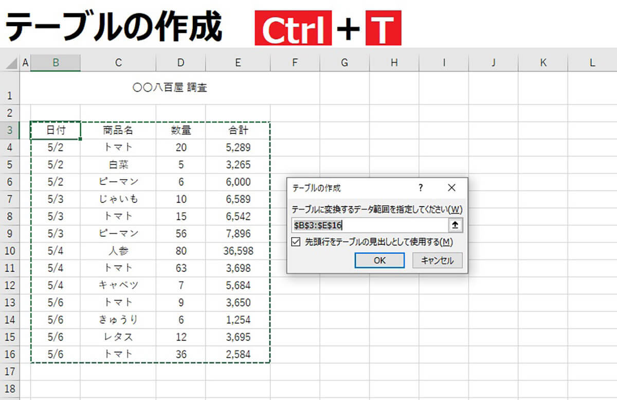 【テーブルの作成】「Ctrl」＋「T」1