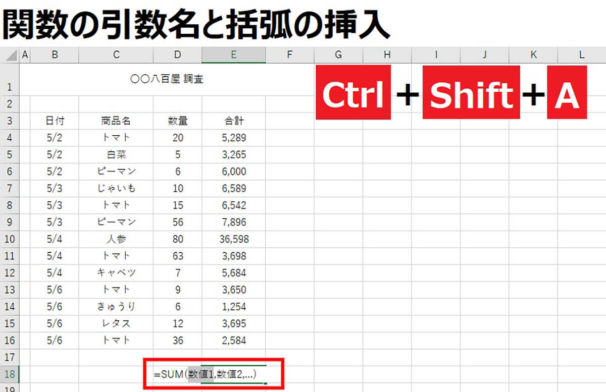 【関数の引数名と括弧の挿入】「Ctrl」＋「Shift」＋「A」1