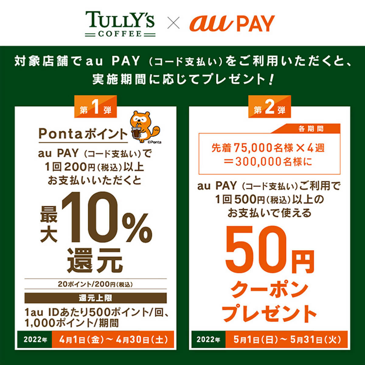 タリーズコーヒー×au PAY　最大10％還元＆50円クーポンキャンペーン！