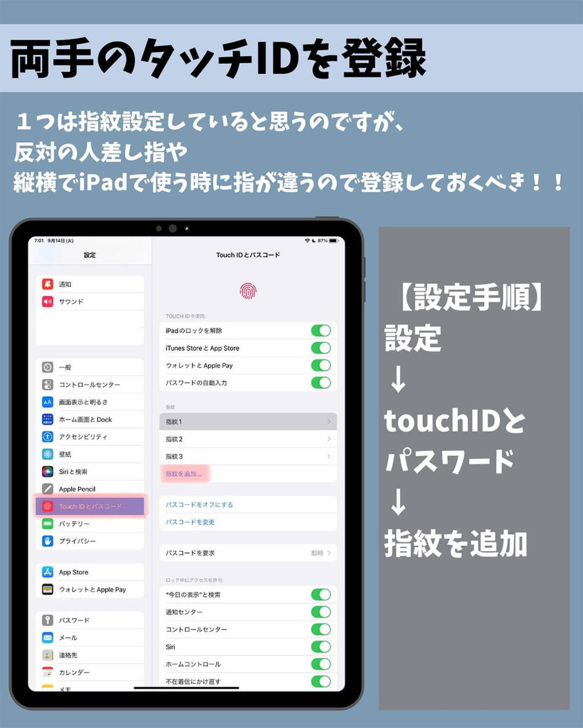 両手のタッチIDを登録する方法