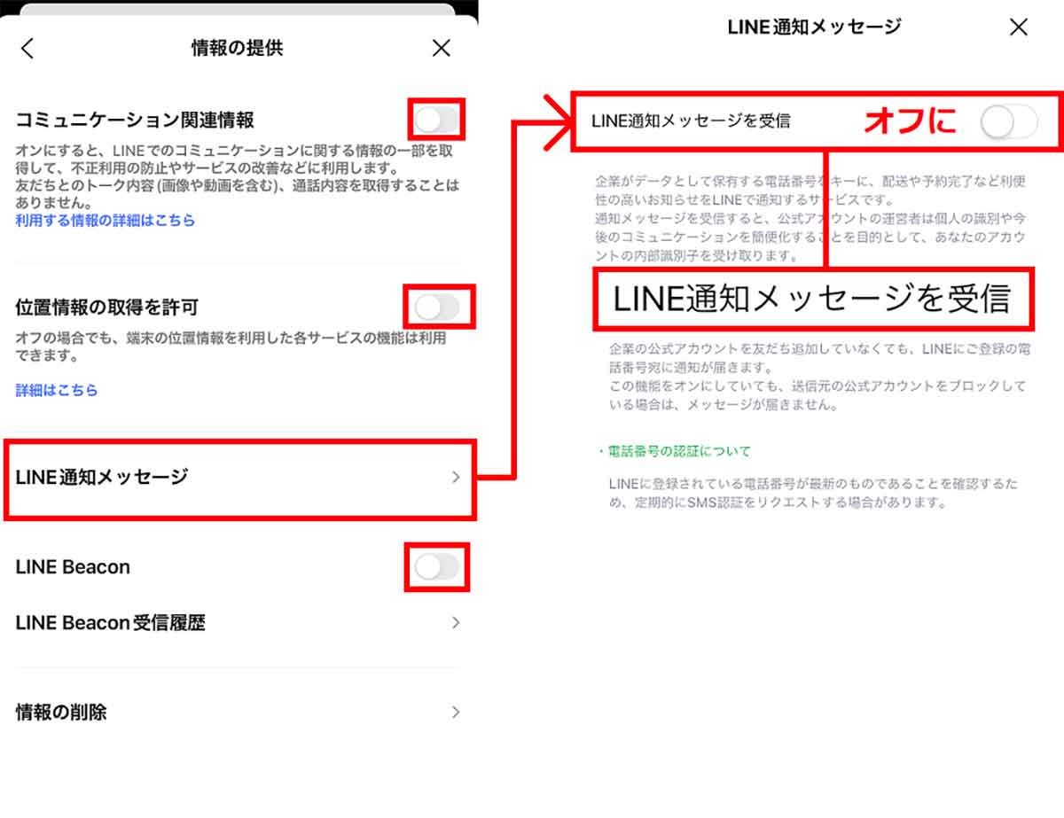【設定5】LINEへの「情報の提供」をオフにする2