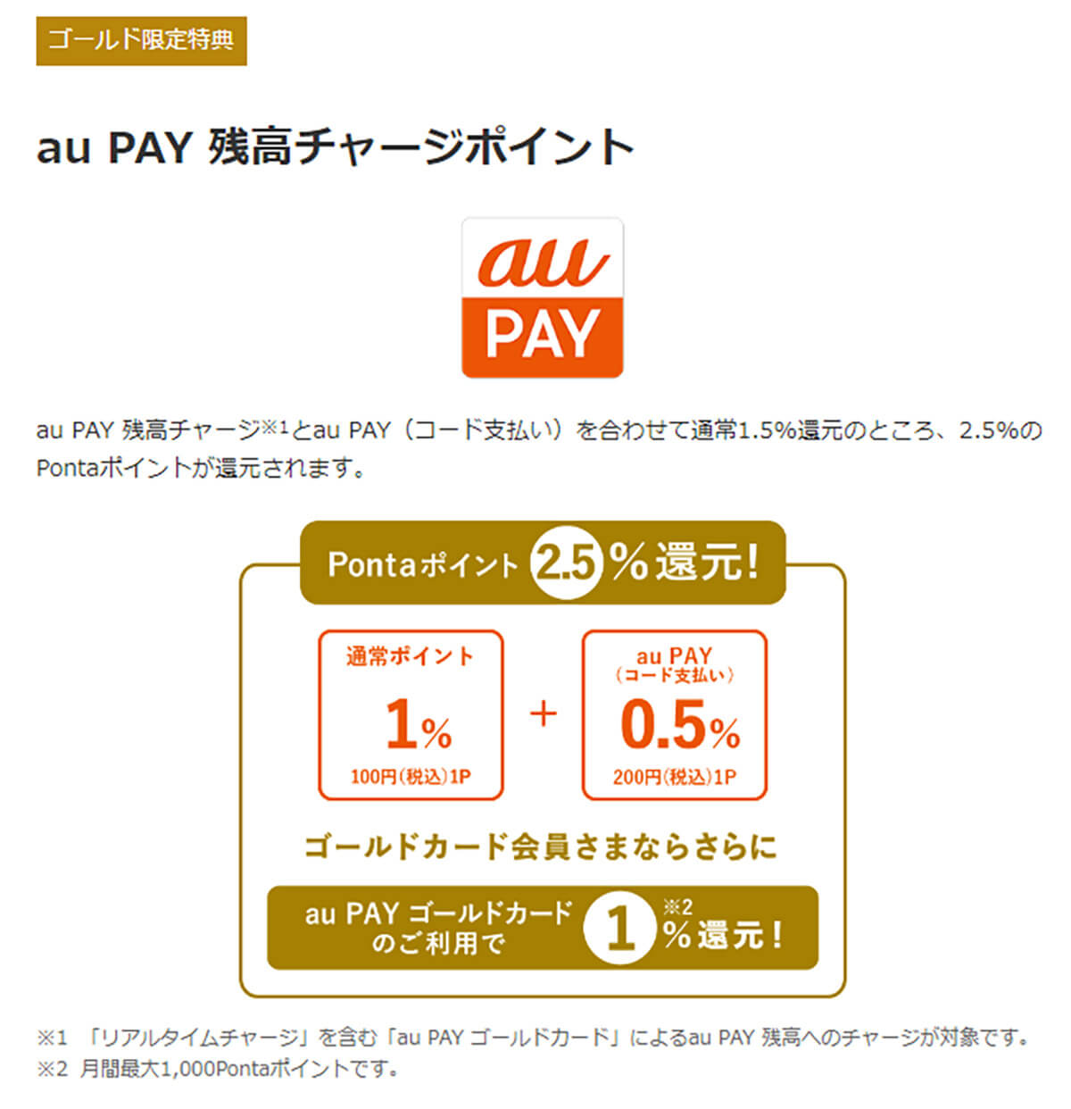 au PAY ゴールドカードなら残高チャージで2％。残高支払いで0.5％還元される