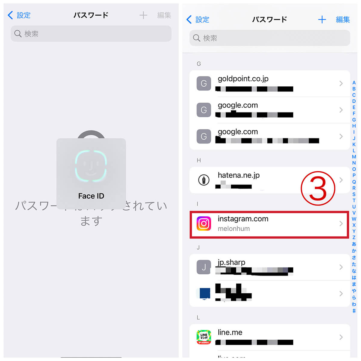 iPhone「設定」からInstagramのパスワードを確認する方法2