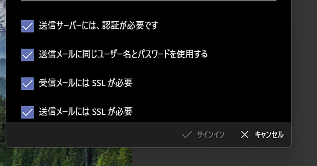 インターネット メール アカウントでサーバーの情報などを入力しサインイン2