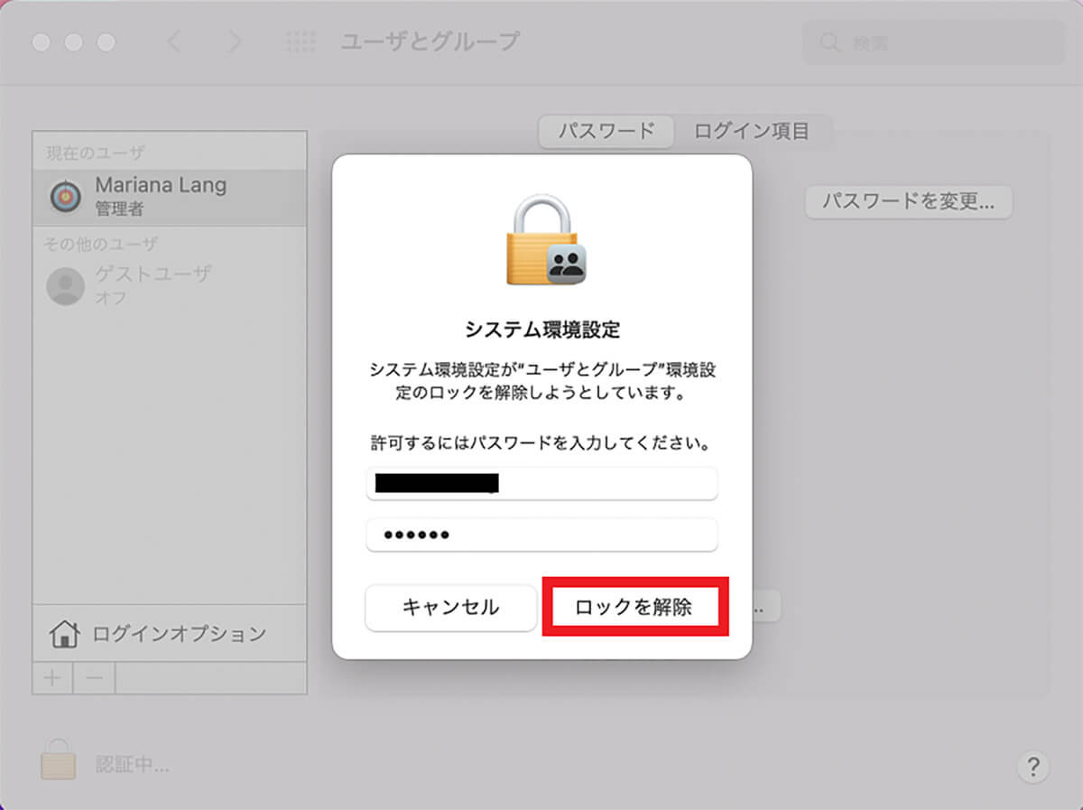 【手順④】管理者ユーザーのパスワードを入力し「ロックを解除」をクリック