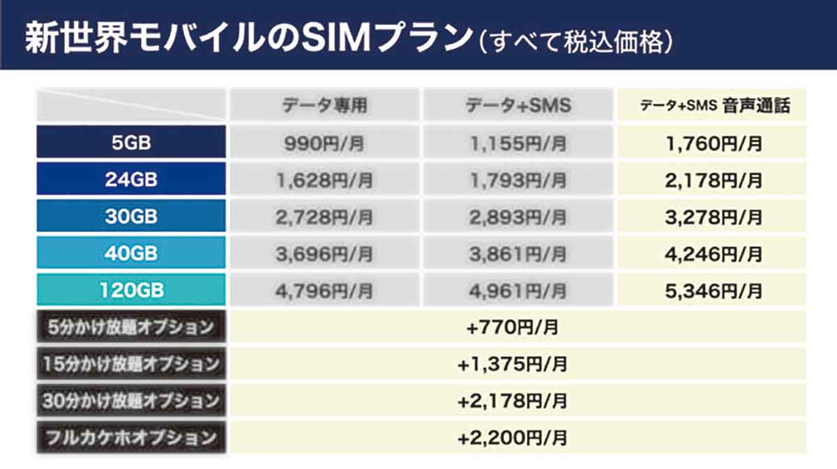 新世界モバイルのSIMプラン表