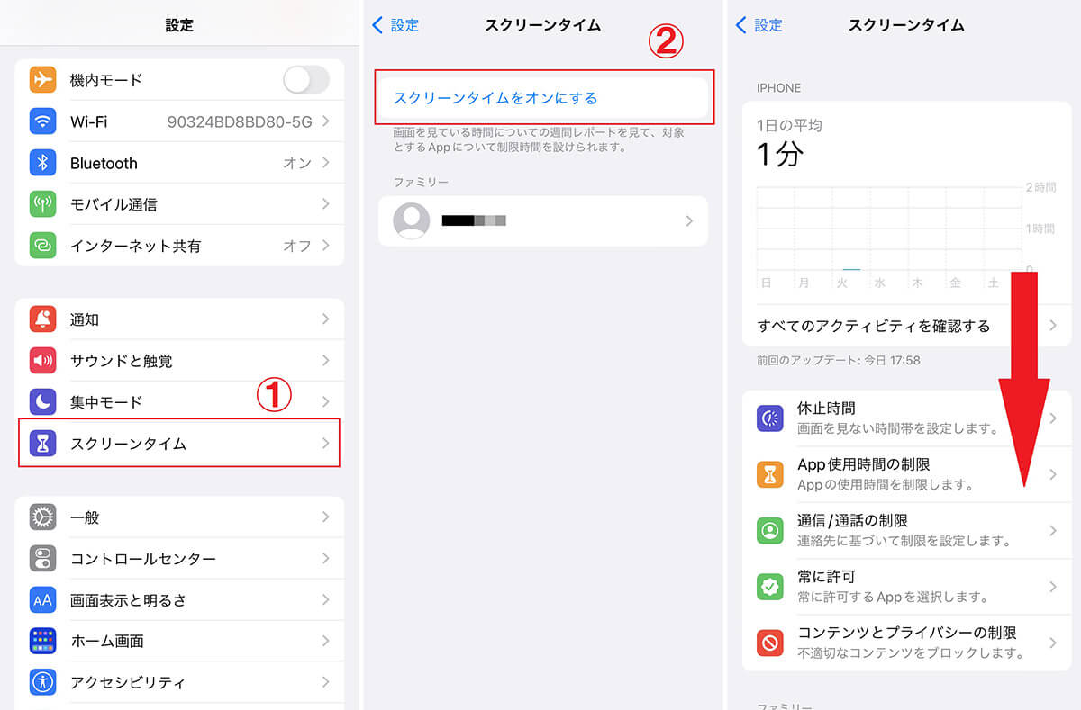 【iPhone】スクリーンタイムパスコードの設定を「オン」にする手順1
