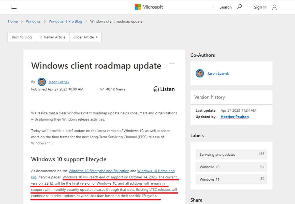 Windows 10は「22H2」が最終版となり、25年10月14日までセキュリティアップデートがリリースされます