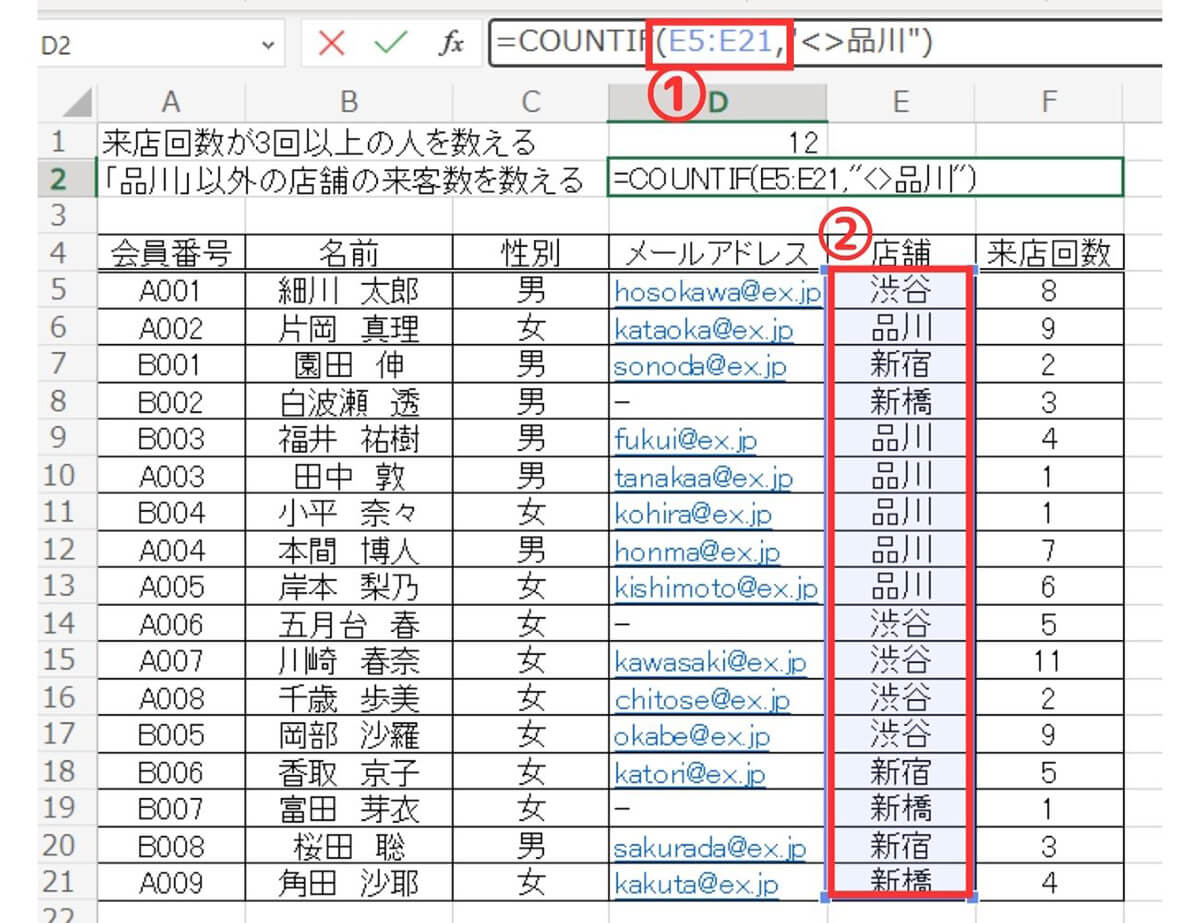 COUNTIF関数の範囲指定の方法1