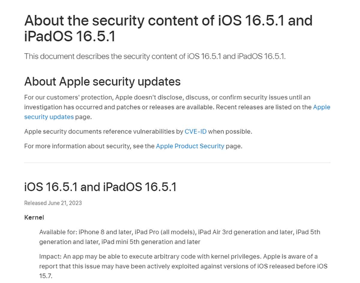 About the security content of iOS 16.5.1 and iPadOS 16.5.1