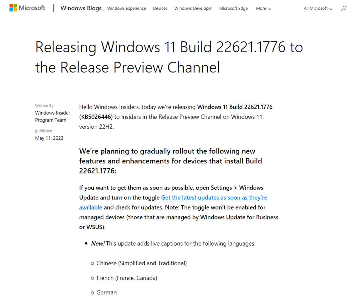 Releasing Windows 11 Build 22621.1776 to the Release Preview Channel