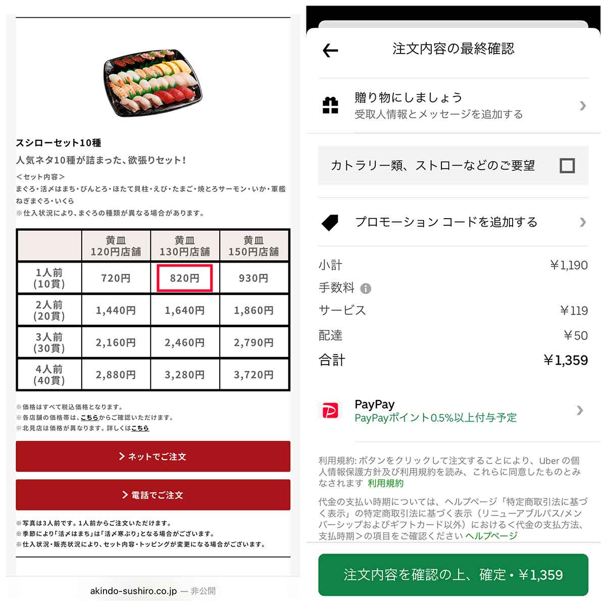 スシロー：店頭820円、Uber Eats1,359円