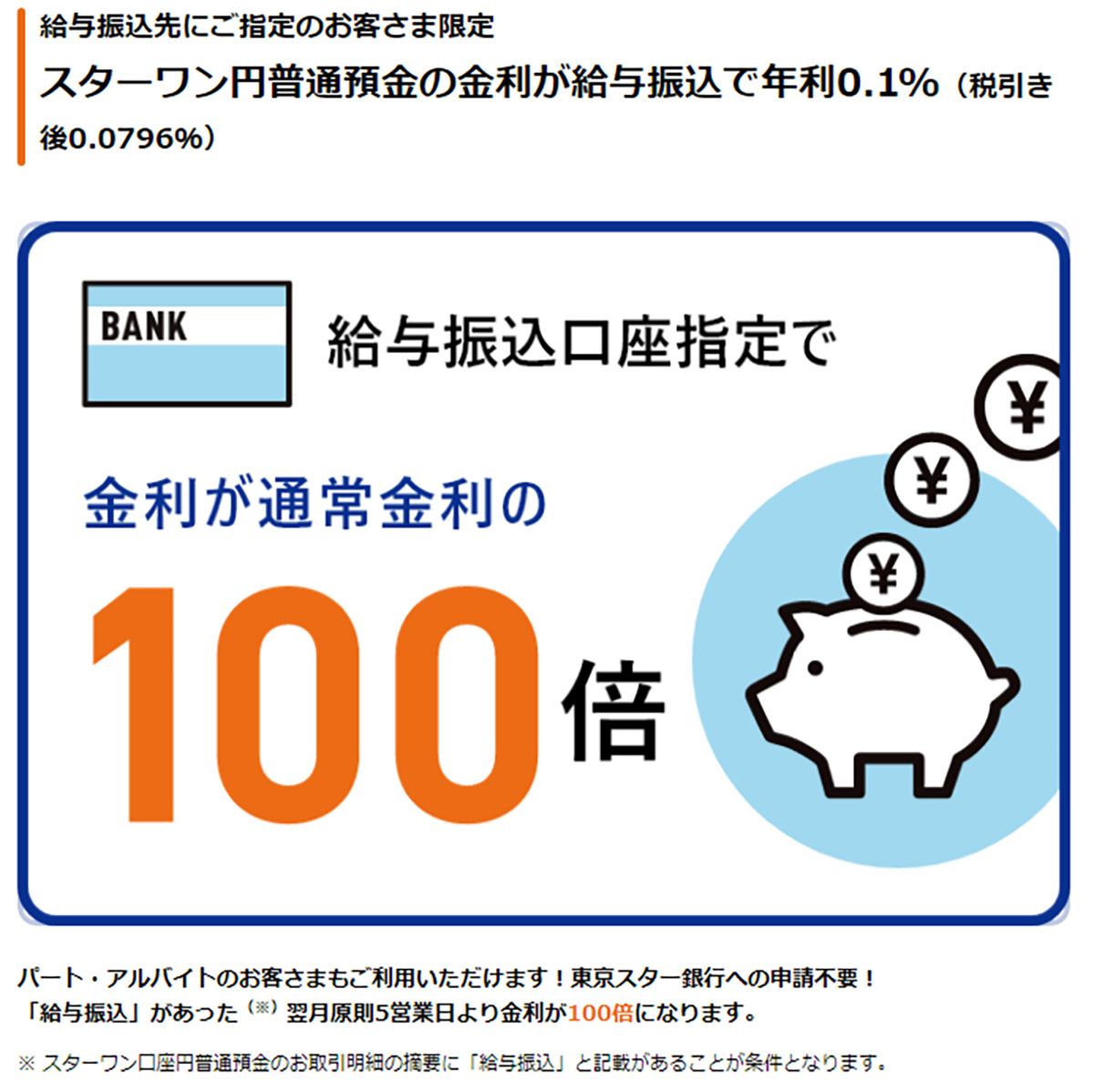 「東京スター銀行」は普通預金金利が100倍の0.10％にアップ！2