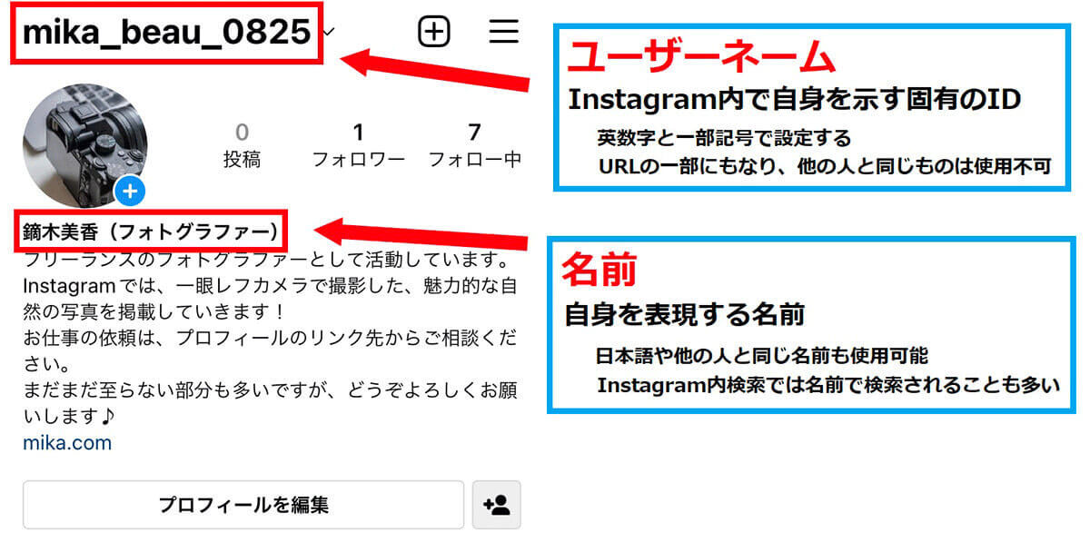 インスタ（Instagram）のユーザーネームと名前の違い1