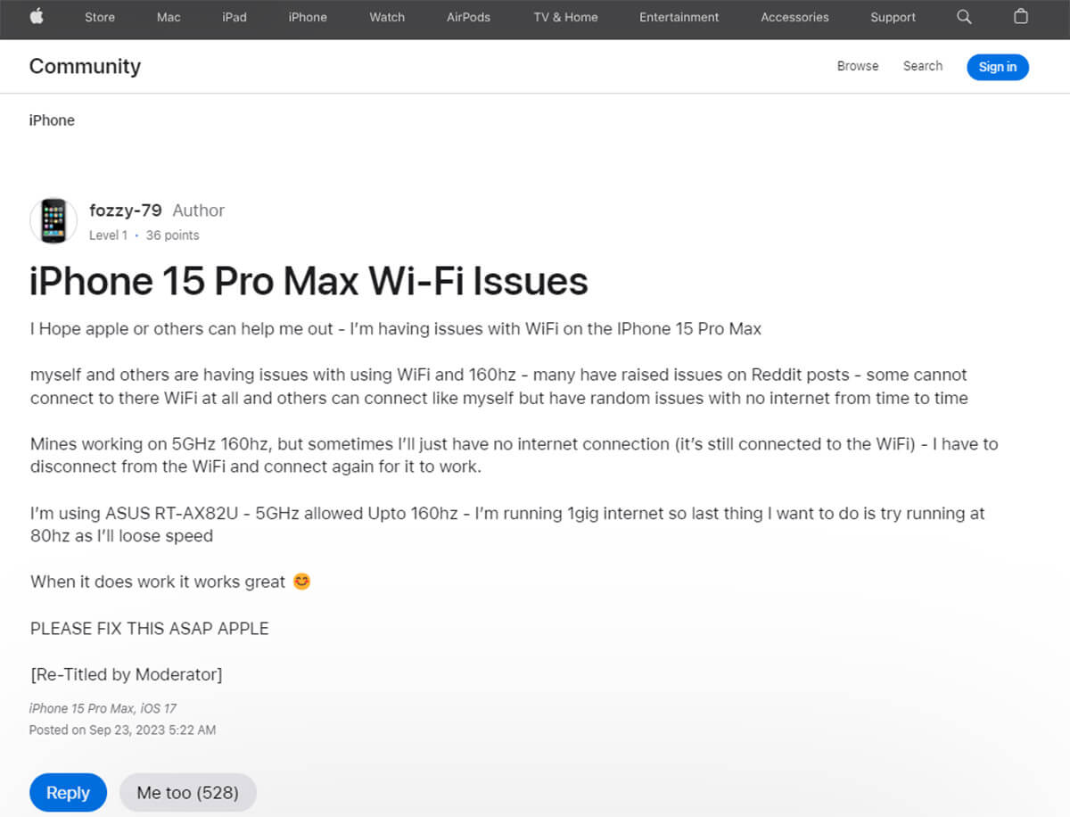 iPhone 15 Pro MaxのWi-Fiの不具合報告