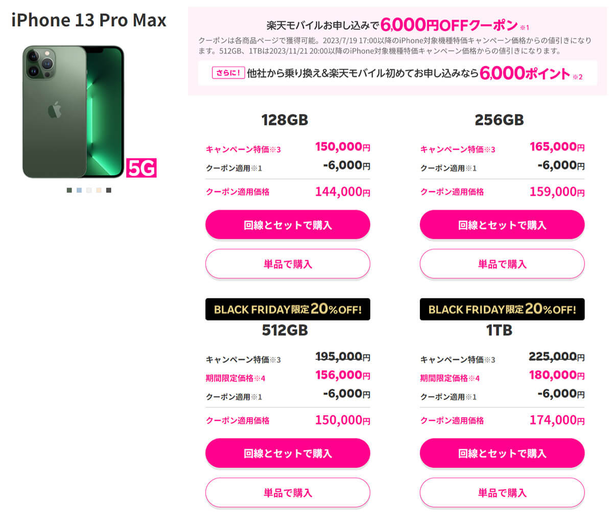 楽天モバイルによるiPhone 13 Pro Max 512GB、キャンペーン価格