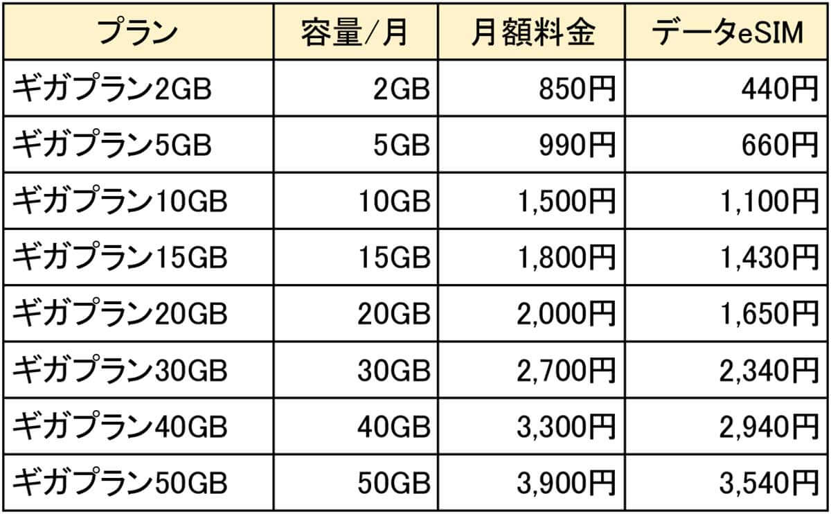 BIC SIMの料金プラン（音声通話対応）