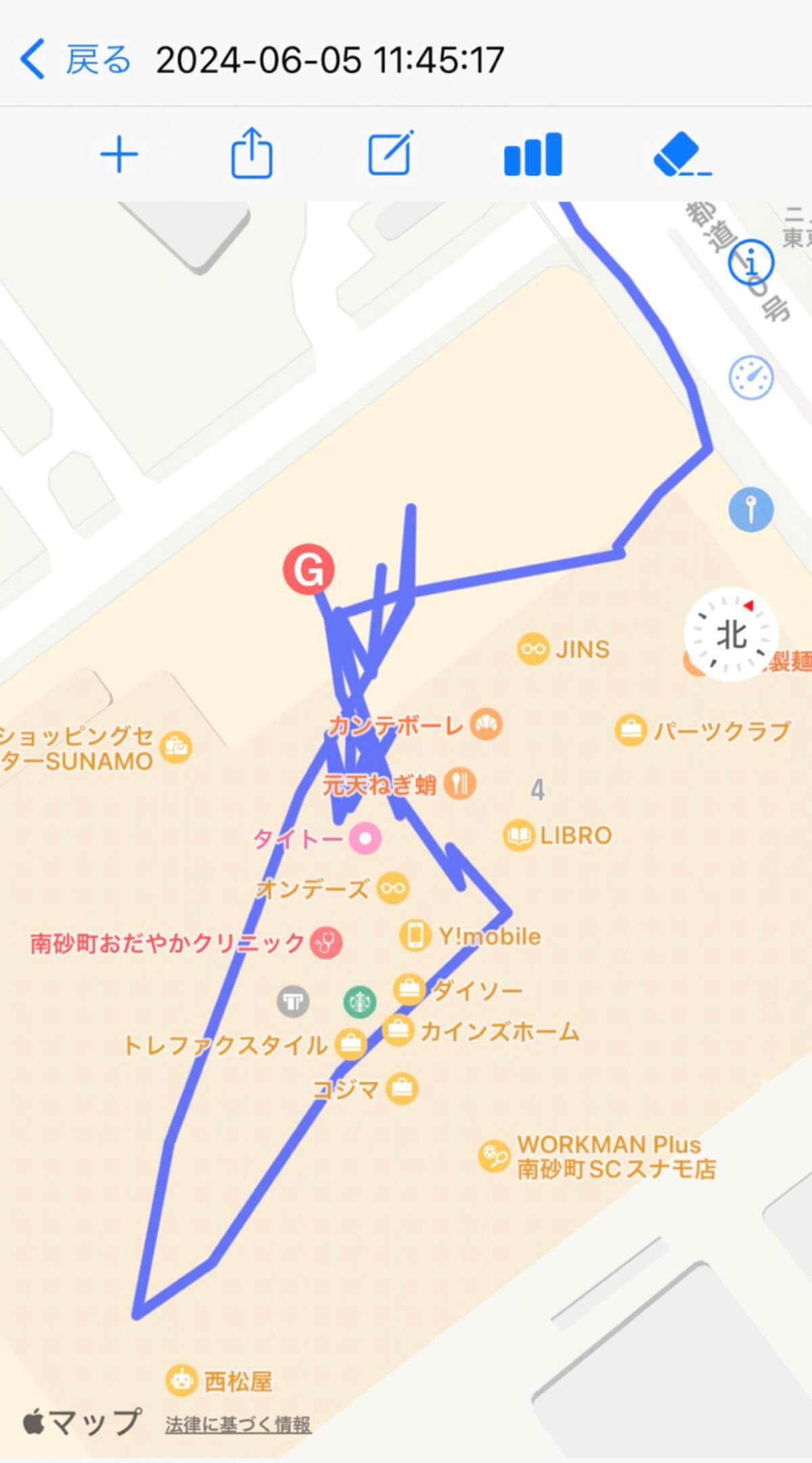 GPSロガーアプリの使用例 alt=南砂町ショッピングセンターSUNAOMO内を移動1