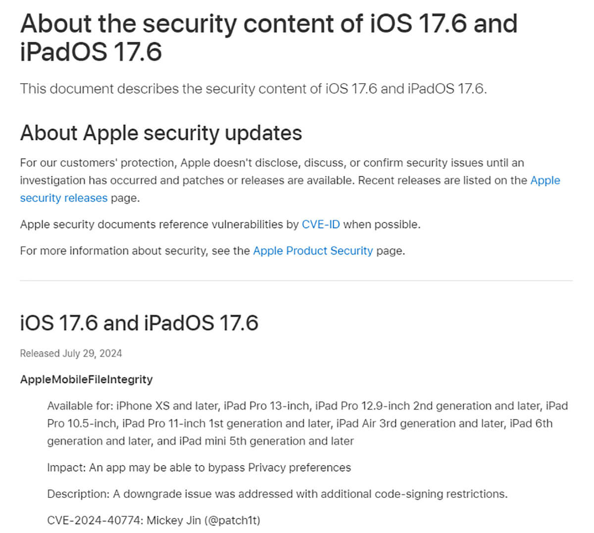 About the security content of iOS 17.6 and iPadOS 17.6