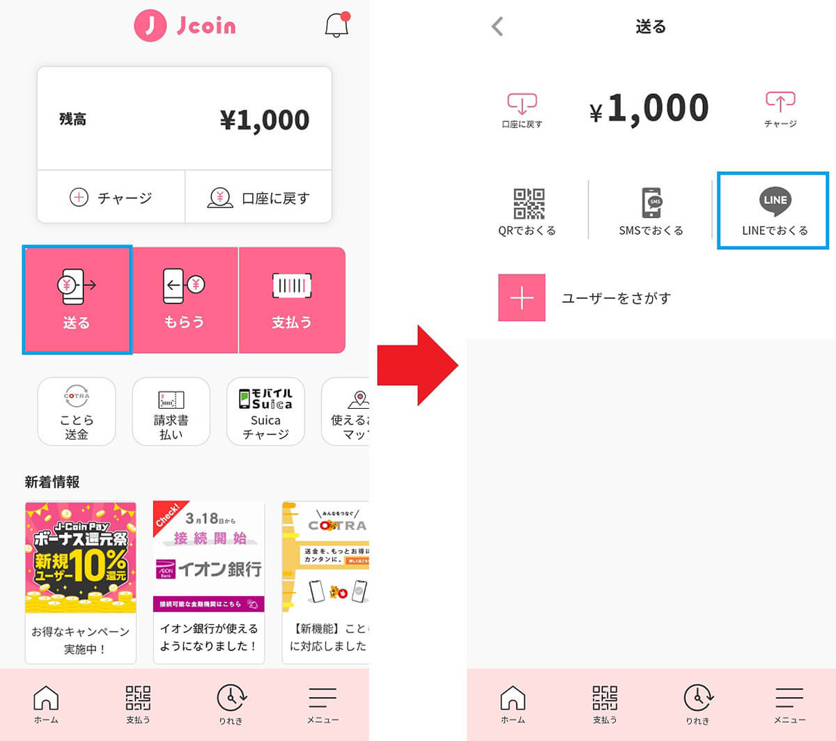 「LINEでおくる」で無料送金する手順1