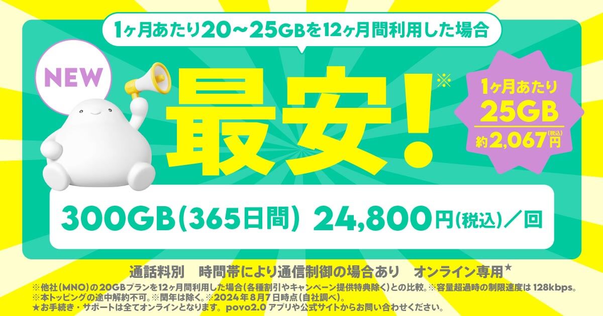 「300GB（365日間）」は月25GBで月額2,067円のプランになる