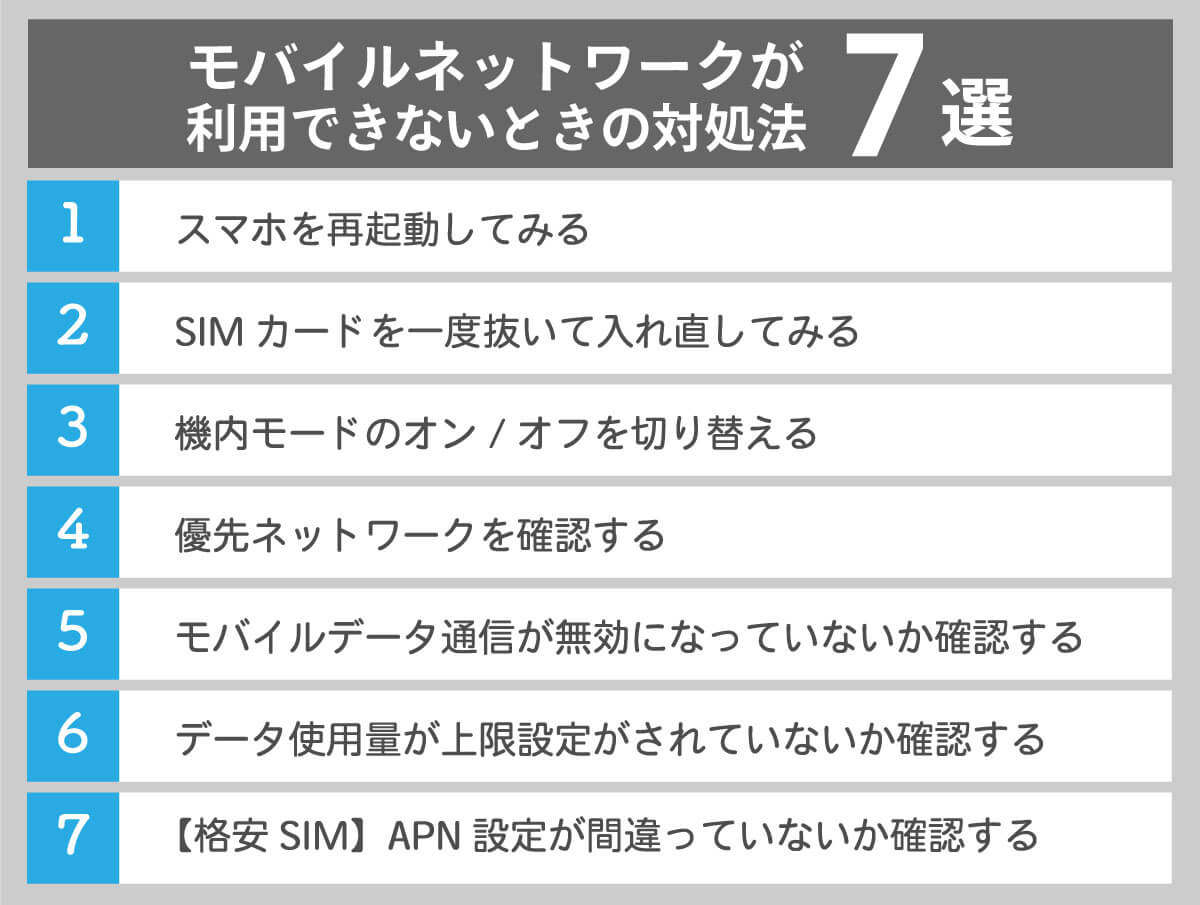 「モバイルネットワークが利用できません」と表示された際の解決策7選1