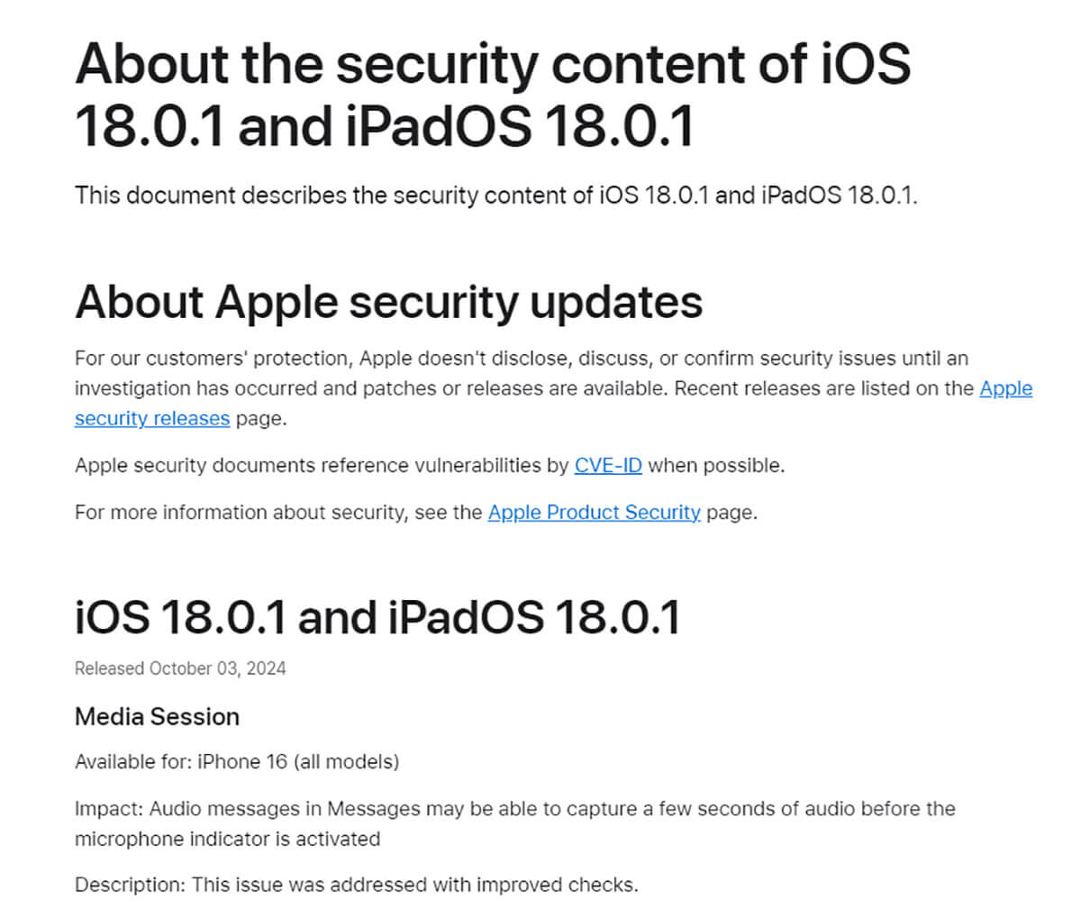 About the security content of iOS 18.0.1 and iPadOS 18.0.1