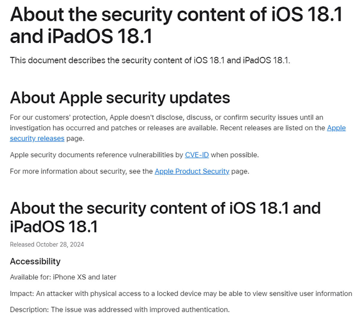 About the security content of iOS 18.1 and iPadOS 18.1